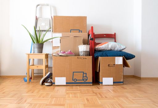 Move. Cardboard boxes, cleaning stuff and things for moving into a new home