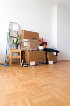 Move. Cardboard boxes, cleaning stuff and things for moving into a new home