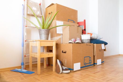 Move. Cardboard boxes, cleaning stuff and things for moving into a new home