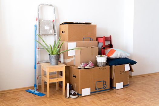 Move. Cardboard boxes, cleaning stuff and things for moving into a new home