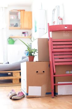 Move. Cardboard boxes, cleaning stuff and things for moving into a new home