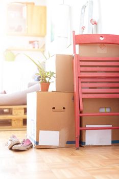 Move. Cardboard boxes, cleaning stuff and things for moving into a new home