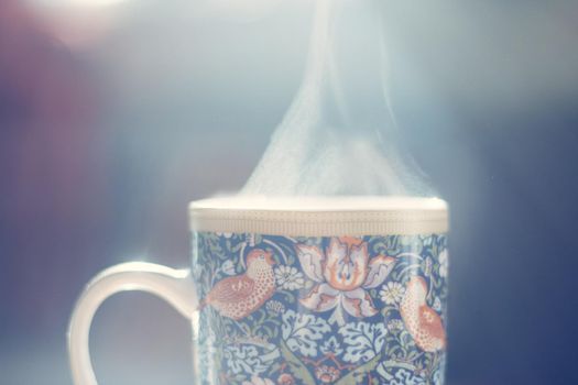 Hot steaming tea cup. Winter time.