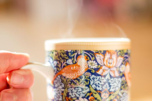 Steaming tea cup and sunlight, warm-up in winter