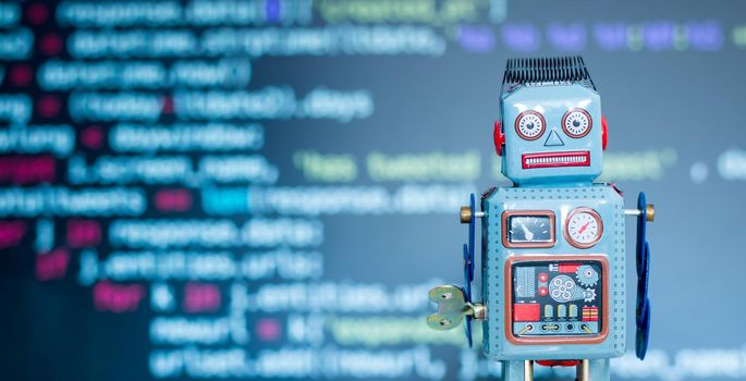 Symbol for a chatbot or social bot and algorithms, program code in the background