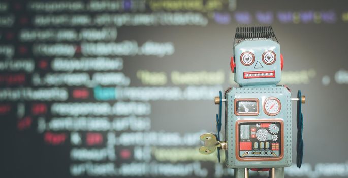 Symbol for a chatbot or social bot and algorithms, program code in the background