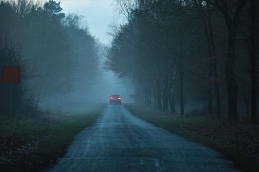 Asphalt road after the rain in the evening on a foggy day with a car in the background