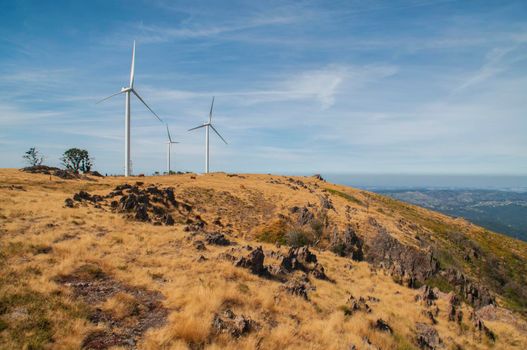 Windmills in the mountains near Arouca, Portugal.