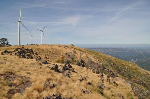 Windmills in the mountains near Arouca, Portugal.