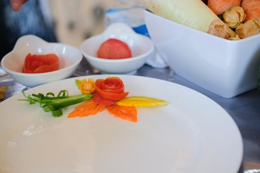 fruit vegetable carving. food decoration artwork in 'Thailand
