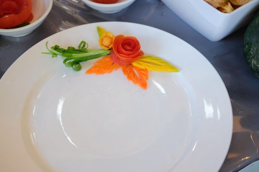 fruit vegetable carving. food decoration artwork in 'Thailand