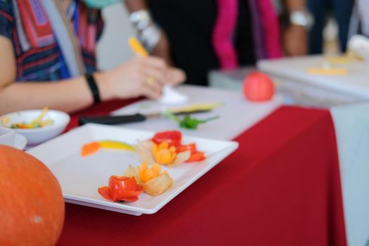 fruit vegetable carving. food decoration artwork in 'Thailand
