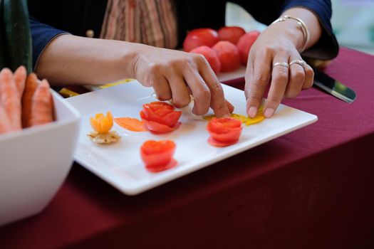 fruit vegetable carving. food decoration artwork in 'Thailand