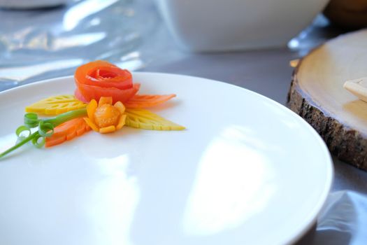 fruit vegetable carving. food decoration artwork in 'Thailand