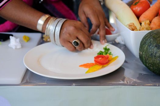 fruit vegetable carving. food decoration artwork in 'Thailand
