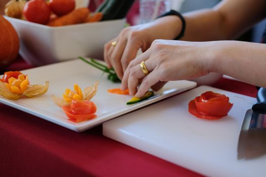 fruit vegetable carving. food decoration artwork in 'Thailand
