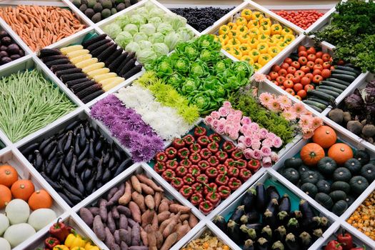 vegetable flower fruit on shelf at market. agriculture produce for sale