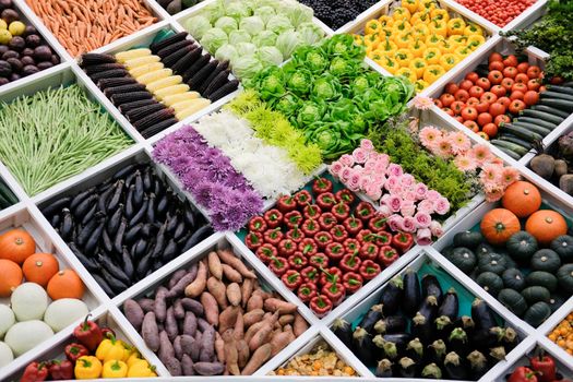 vegetable flower fruit on shelf at market. agriculture produce for sale