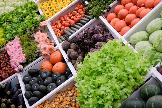 vegetable flower fruit on shelf at market. agriculture produce for sale