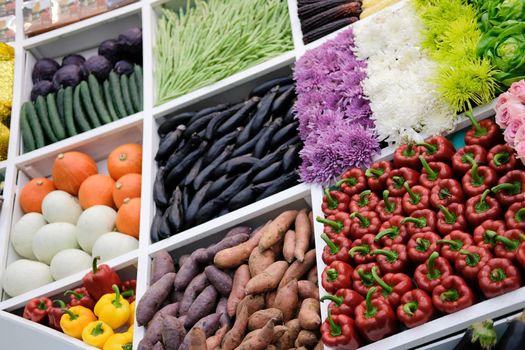 vegetable flower fruit on shelf at market. agriculture produce for sale