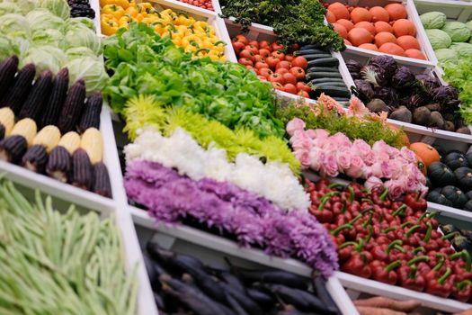vegetable flower fruit on shelf at market. agriculture produce for sale