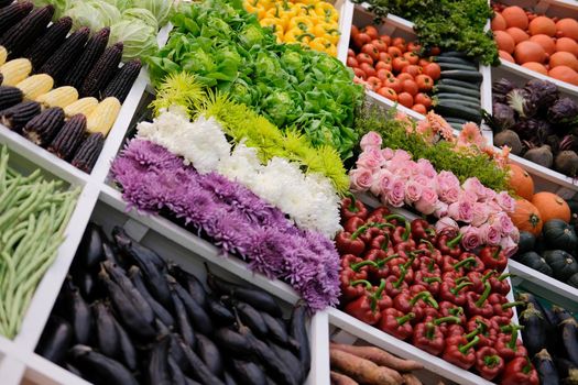 vegetable flower fruit on shelf at market. agriculture produce for sale