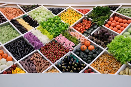vegetable flower fruit on shelf at market. agriculture produce for sale