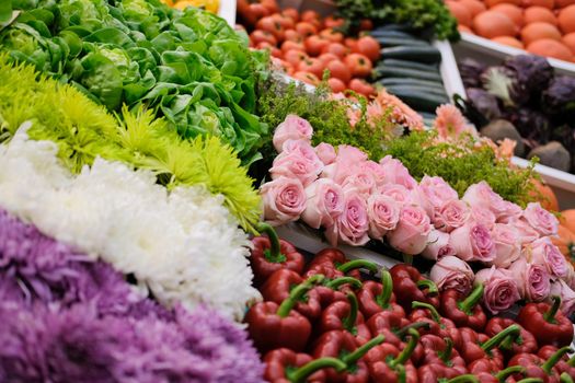 rose flower vegetable on shelf at market. agriculture produce for sale