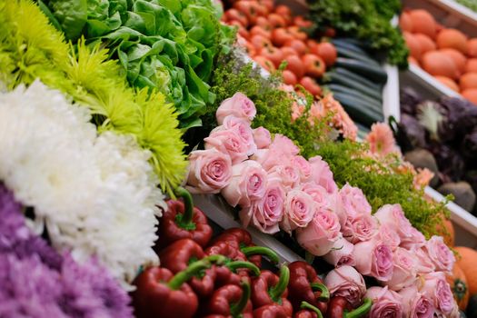 rose flower vegetable on shelf at market. agriculture produce for sale