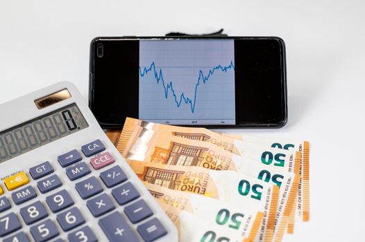 50 euro bills with calculator and graph on white background