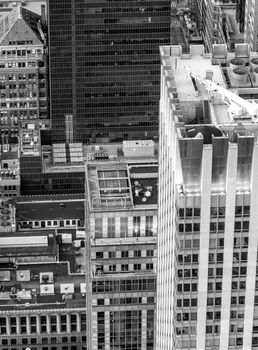 Aerial overhead view of Manhattan skyscrapers.