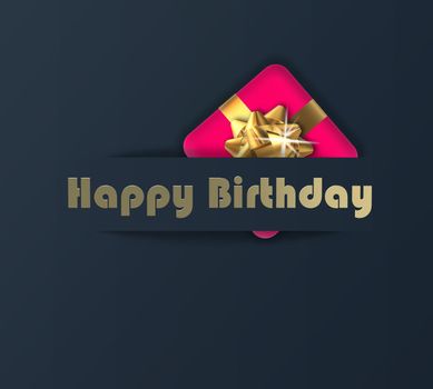 Happy Birthday card with realistic gift box in paper stripe on blue black background. Gold text Happy Birthday, 3D render. Luxury greeting card