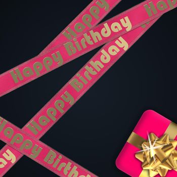 Happy birthday card with pink ribbons, pink red gift box and gold text Happy birthday on blue black background. 3D illustration