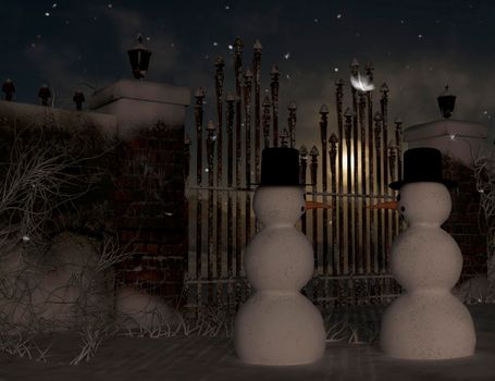 Two Christmas Snowmen are celebrating Christmas near a park - 3d rendering