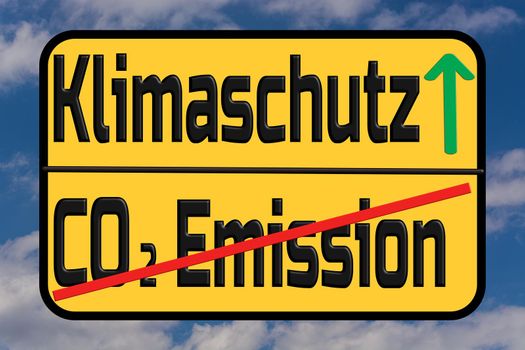 Traffic sign with the German words for climate protection and CO2 emissions. With sky in the background