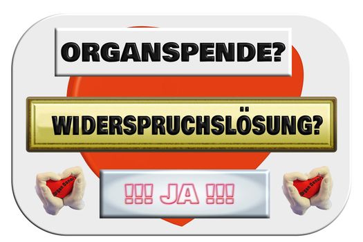 Sign with inscription in German - Oranspende rejection solution Yes. Concept for the debate on organ donation in Germany