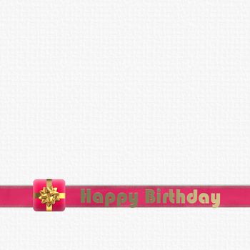 Birthday card on white with pink gift box on ribbon over white background. 3D render. Place for text
