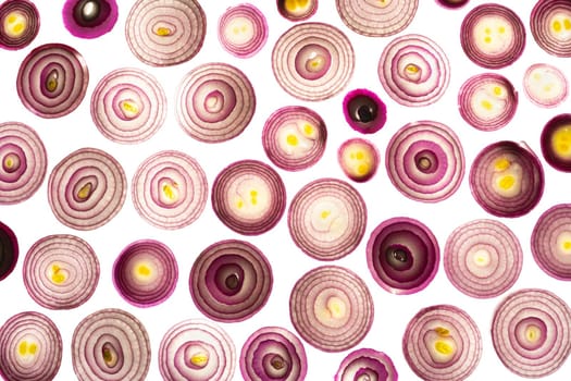 sliced red onions set isolated on white background,top view.