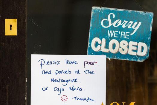 Sorry we are closed sign outside a restaurant during lockdown caused by covid-19 pandemic, Cambridge, UK