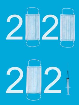 2020 logo made from a medical mask and a syringe with a vaccine. As a symbol of the pandemic and the release of the drug in 2021. Blue background.
