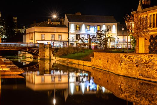 Long exposure night view of river Cam bridge near Magdalene street, Cambridge, UK