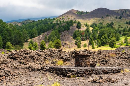 Santa Barbara refuge on Mount Etna built with lava stones, including the water well