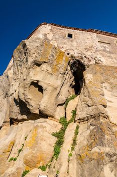 Low angle view of Lauria Castle illuminated by afternoon sun in Castiglione di Sicilia, Italy