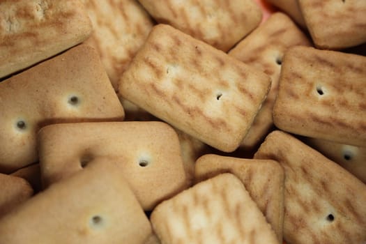 Close up top view of of biscuit cookies. Close up view rectangular biscuits with small pores