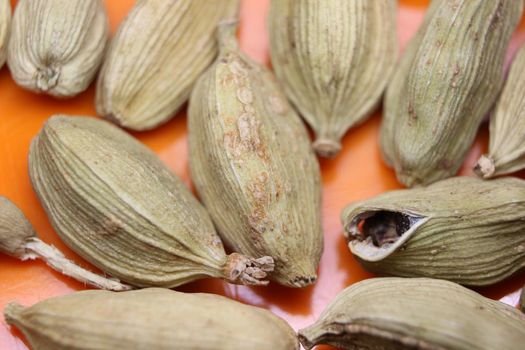 Closeup top view of dried green Elettaria cardamomum fruits with seeds, cardamom spice scattered on white background