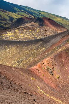 View of Etna volcano craters among the clouds near Rifugio Sapienza. Sicily, Italy