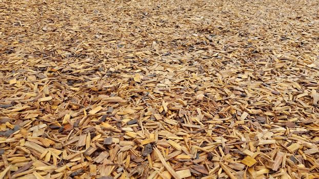 brown damp wood chips or mulch or barkdust on ground