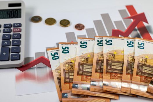50 euro banknotes coins and statistics on white background
