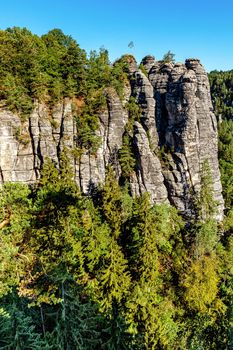 Bastei, Scenic view of the Bastei rock formation, known as Saxon Switzerland near Dresden, Saxony, Germany