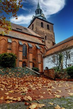Church of St. Michaelis in the old town of Luneburg in an autumn day, yellow leaves in the foreground